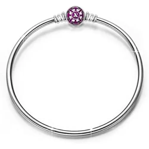 NINAQUEEN 925 Sterling Silver Bangle Bracelet with Snap Clasp Charm 7.5 Inches