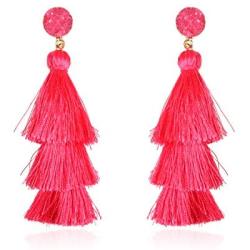 Bohemian Multi Tassel Statement Earrings - Lightweight Silky Tiered Layer Thread Fringe, Chandelier Duster Dangles Sparkly Jewel Faux Druzy Stone