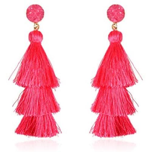 Bohemian Multi Tassel Statement Earrings - Lightweight Silky Tiered Layer Thread Fringe, Chandelier Duster Dangles Sparkly Jewel Faux Druzy Stone