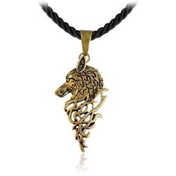 AILUOR Mens Norse Wolf Head Pendant Necklace, Vintage Stainless Steel Leather Norse Viking Celt Arrow Headed Amulet Jewelry Unisex