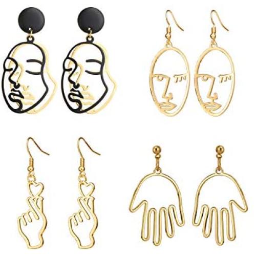 Top Plaza Face Abstract Gold Fun Statement Dangle Drop Earrings Fashion Hollow Face Hand Shape Hoops Stud Earrings for Women Teens Girls