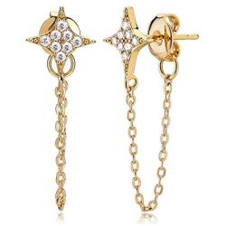 MYEARS Women Star Earrings Stud Gold CZ Ear Climber Crawler Crescent Moon Dangle 14K Gold Filled Chain Double Piercing Tiny Boho Beach Simple Delicate Handmade Hypoallergenic Lucky Jewelry Gift