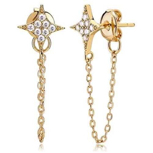 MYEARS Women Star Earrings Stud Gold CZ Ear Climber Crawler Crescent Moon Dangle 14K Gold Filled Chain Double Piercing Tiny Boho Beach Simple Delicate Handmade Hypoallergenic Lucky Jewelry Gift
