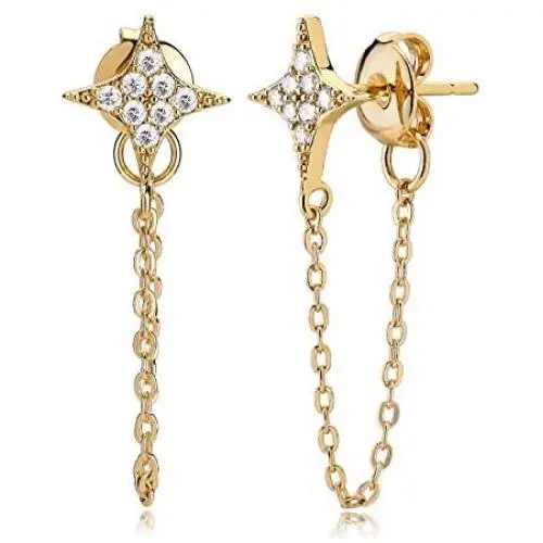 MYEARS Women Star Earrings Stud Gold CZ Ear Climber Crawler Crescent Moon Dangle 14K Gold Filled Chain Double Piercing Tiny Boho Beach Simple Delicate Handmade Hypoallergenic Lucky Jewelry Gift