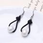 White Pearl Dangle Earrings on Genuine Leather Cord Hook Drop Bohemian Jewelry for Women