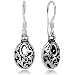 925 Oxidized Sterling Silver Bali Inspired Open Filigree Oval Shape Dangle Hook Earrings 1.1''