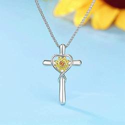 KUTOLAKI Sunflower Cross Necklace for Women, Silver Chain Necklace Flower Jewelry Necklaces, Christmas Gifts for Wife, Mother, Girls