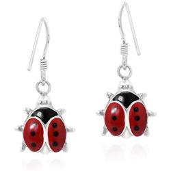Adorable Little Red Lady Bug .925 Sterling Silver Dangle Earrings