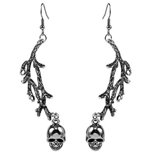 Mountainer Punk Gothic Tree Branch Skull Skeleton Dangle Drop Earrings for Women Scary Halloween Jewelry Accessory