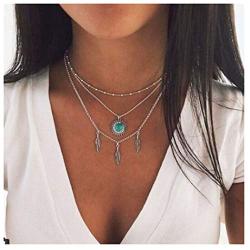 Moon Leaf Turquoise Pendant Necklace Bohemian Multilayer Crescent Beads Chain Jewelry for Women Girls (Silver A)
