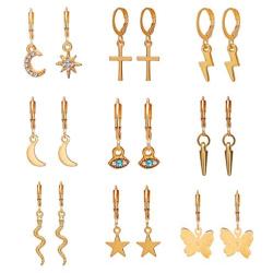 9 Pairs Set Earrings, Lightning Moon Star Cross Ear Clip, Snake Butterfly Animal Combination Jewelry, Gifts For Women And Girls