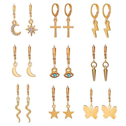 9 Pairs Set Earrings, Lightning Moon Star Cross Ear Clip, Snake Butterfly Animal Combination Jewelry, Gifts For Women And Girls