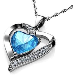 DEPHINI - Heart Necklace - 925 Sterling Silver - Aquamarine Birthstone Embellished with Branded Crystal Pendant - Fine Jewellery Woman Necklace 18'' Rhodium Plated Silver Chain - A+ Cubic Zirconia