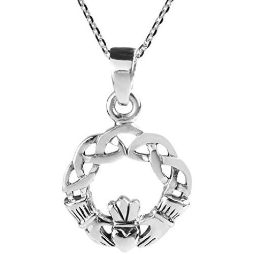 AeraVida Claddagh Heart Round Celtic Knot .925 Sterling Silver Pendant Necklace