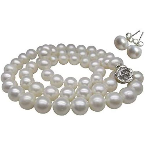 Pearl Romance II Round Pearl II White Pearl Necklace Jewelry Stud Earrings 2 Piece Set for Women Wedding Brides Bridesmaids Cultured Freshwater