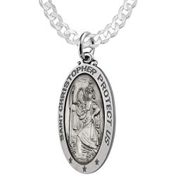 US Jewels And Gems 1.125in 925 Sterling Silver Antiqued Finish Oval Saint Christopher Pendant Necklace
