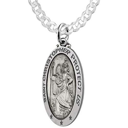 US Jewels And Gems 1.125in 925 Sterling Silver Antiqued Finish Oval Saint Christopher Pendant Necklace