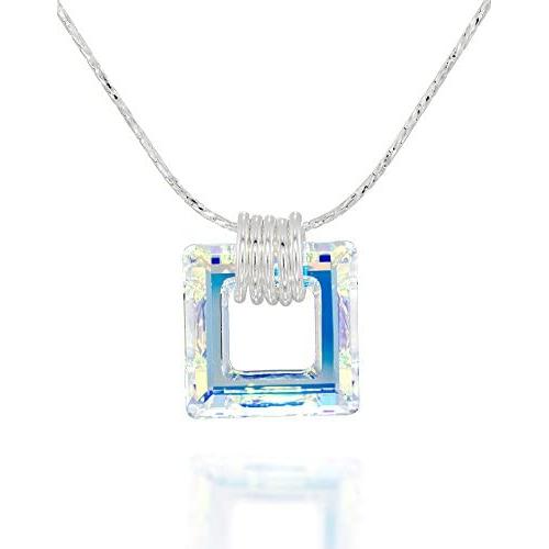 Stera Jewelry Sterling Silver Necklace Made with Swarovski Bermuda Blue or AB Square Crystal Pendant