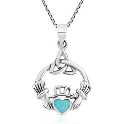 AeraVida Heart Simulated Turquoise Celtic Claddagh .925 Sterling Silver Pendant Necklace