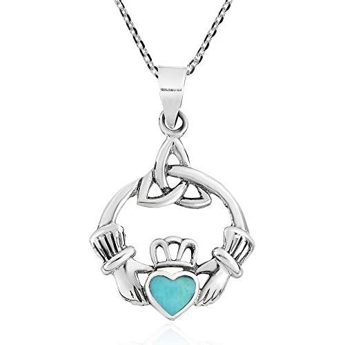 AeraVida Heart Simulated Turquoise Celtic Claddagh .925 Sterling Silver Pendant Necklace
