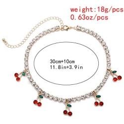 Cherry Tennis Link Chain Necklace Bling Iced Out Cherry Pendant Necklace Cute Crystal Rhinestone Clavicle Chain Necklace for Women Teen Girls Hip Hop Jewelry Gifts