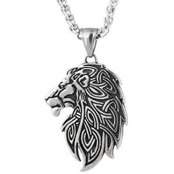 QIANJI Antique Celtic Lion Head Pendant Necklace Stainless Steel Jewelry Bag Package