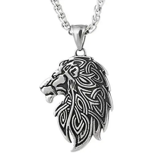 QIANJI Antique Celtic Lion Head Pendant Necklace Stainless Steel Jewelry Bag Package QIANJI Antique Celtic Lion Head Pendant Necklace Stainless Steel Jewelry Bag Package