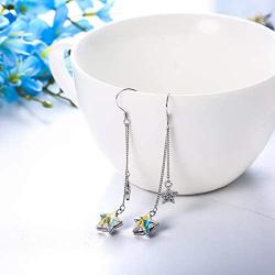 Sllaiss 925 Sterling Silver Austria Crystals Blue Star Drop Dangle Earrings for Women 18K Platinum Plated Aurora Crystal Jewelry Star Tassel Earrings