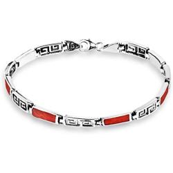 AeraVida Greek Key Labyrinth Reconstructed Red Coral Inlay .925 Sterling Silver Link Bracelet