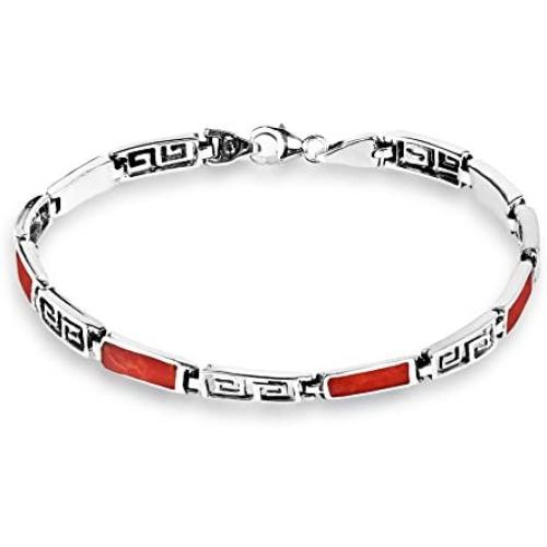 AeraVida Greek Key Labyrinth Reconstructed Red Coral Inlay .925 Sterling Silver Link Bracelet