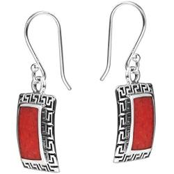 Reconstructed Red Coral Greek Key Frame .925 Sterling Silver Dangle Earrings