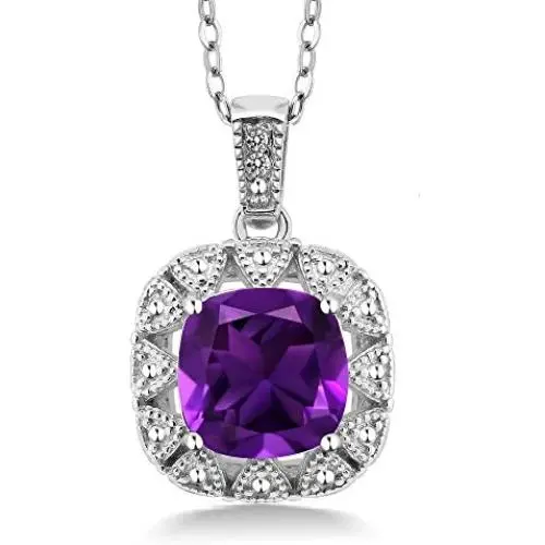 Gem Stone King 925 Sterling Silver Purple Amethyst and White Diamond Pendant Necklace For Women (2.06 Ct Cushion with 18 Inch Chain)