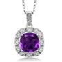 Gem Stone King 925 Sterling Silver Purple Amethyst and White Diamond Pendant Necklace For Women (2.06 Ct Cushion with 18 Inch Chain)