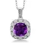 Gem Stone King 925 Sterling Silver Purple Amethyst and White Diamond Pendant Necklace For Women (2.06 Ct Cushion with 18 Inch Chain)