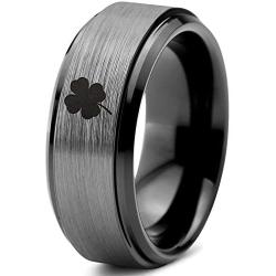 Lucky Charm Four Leaf Clover Ring - Tungsten Band 8mm - Men - Women - 18k Rose Gold Step Bevel Edge - Yellow - Grey - Blue - Black - Brushed - Polished - Wedding - Gift Dome Flat