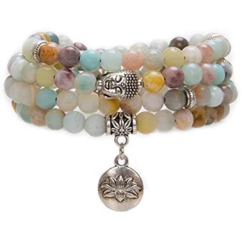 Bivei 108 Mala Beads Bracelet - Genuine Gemstone Mala Prayer Beads Lotus Charm Meditation Necklace