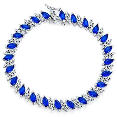 Bridal Alternating Clear Blue Black Wedding Marquise Cut Cubic Zirconia AAA CZ Tennis Bracelet for Women Silver Plated