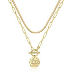 Gold Necklaces for Women, 14K Gold Plated Vintage Evil Eye Queen Elizabeth Bee Moon and Star Medallion Necklace Retro Choker Chain Link Necklace Gold Layered Necklaces for Women Minimalist Jewelry