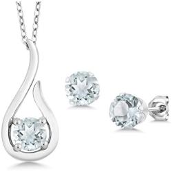 Gem Stone King 925 Sterling Silver Sky Blue Aquamarine Pendant Earrings Set (1.35 Ct with 18 Inch Silver Chain)