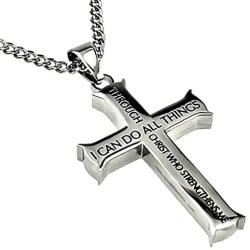 North Arrow Shop Philippians 4:13 Jewelry, Cross Necklace Strength Bible Verse, Stainless Steel with Ball Chain (24'' Curb Chain)