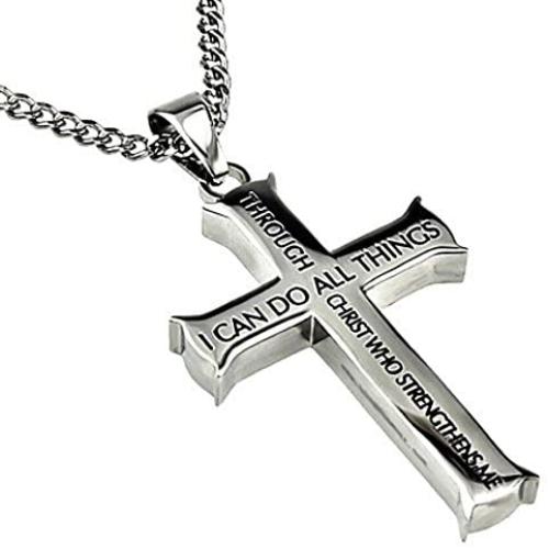 North Arrow Shop Philippians 4:13 Jewelry, Cross Necklace Strength Bible Verse, Stainless Steel with Ball Chain (24'' Curb Chain)