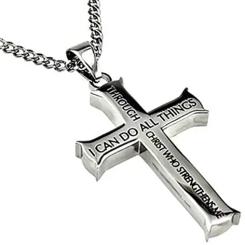 North Arrow Shop Philippians 4:13 Jewelry, Cross Necklace Strength Bible Verse, Stainless Steel with Ball Chain (24'' Curb Chain)