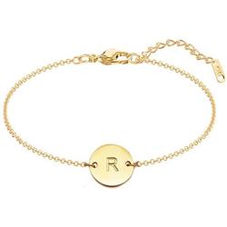 MOMOL Initial Charm Bracelets, 18K Gold Plated Stainless Steel Dainty Small Round Coin Disc Initial Bracelet Engraved Letters Personalized Name Bracelet for Girls