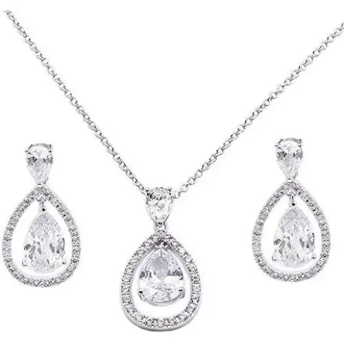 Teardrop Open Dangle Jewelry Set Necklace & Earrings Trendy AAA Cubic Zirconia For Women Wedding Party