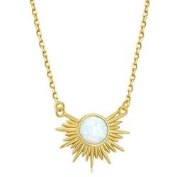 AllenCOCO Round White Opal Adorned Sunburst 14k Gold Plated Necklace/Opal Necklaces for Women