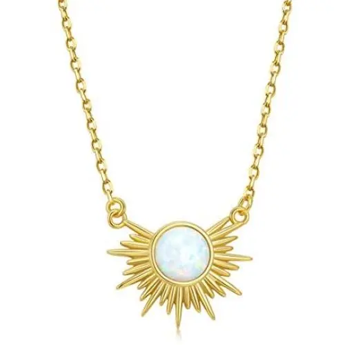 AllenCOCO Round White Opal Adorned Sunburst 14k Gold Plated Necklace/Opal Necklaces for Women AllenCOCO Round White Opal Adorned Sunburst 14k Gold Plated Necklace/Opal Necklaces for Women