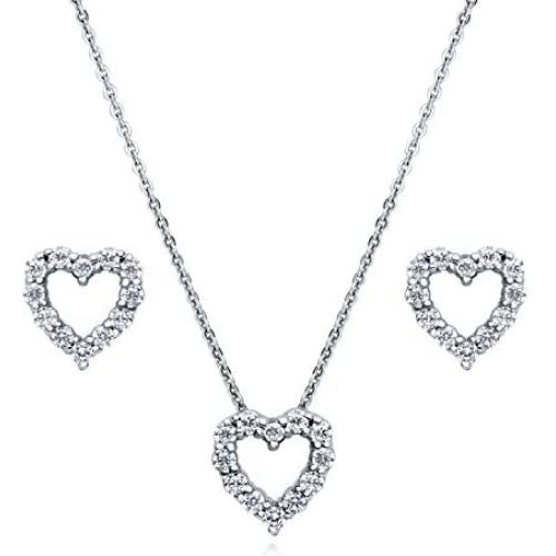 BERRICLE Rhodium Plated Sterling Silver Cubic Zirconia CZ Open Heart Bridal Bridesmaid Fashion Necklace and Earrings Set