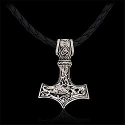 AILUOR Men Viking Leather Norse Thors Hammer Mjolnir Celtic Knot Pendant Necklace Jewelry Scandinavian