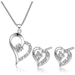 Women Love Heart Pendant Necklace Earrings Set, Sterling Silver Jewelry Set Gift For Her