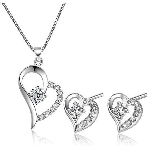 Women Love Heart Pendant Necklace Earrings Set, Sterling Silver Jewelry Set Gift For Her